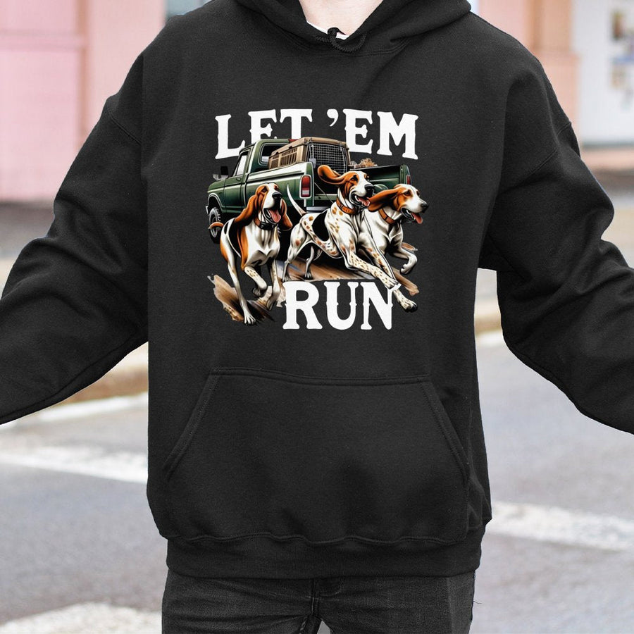 Hound Dog Hunting Hoodie | Let 'Em Run Graphic | Premium Cotton Blend | Country Lifestyle Gift for Outdoorsmen