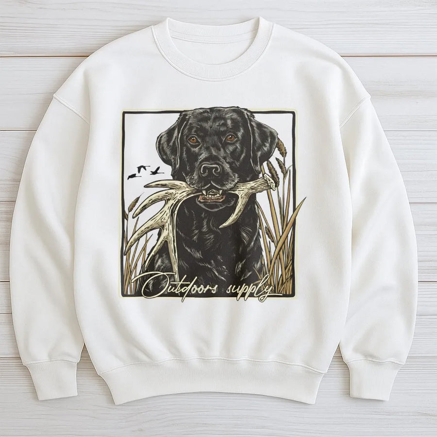 Black Lab Sweatshirt | Hunting Dog Deer Antler Graphic | Premium Cotton Blend Crewneck | Gift for Hunters Outdoorsmen Nature Lovers