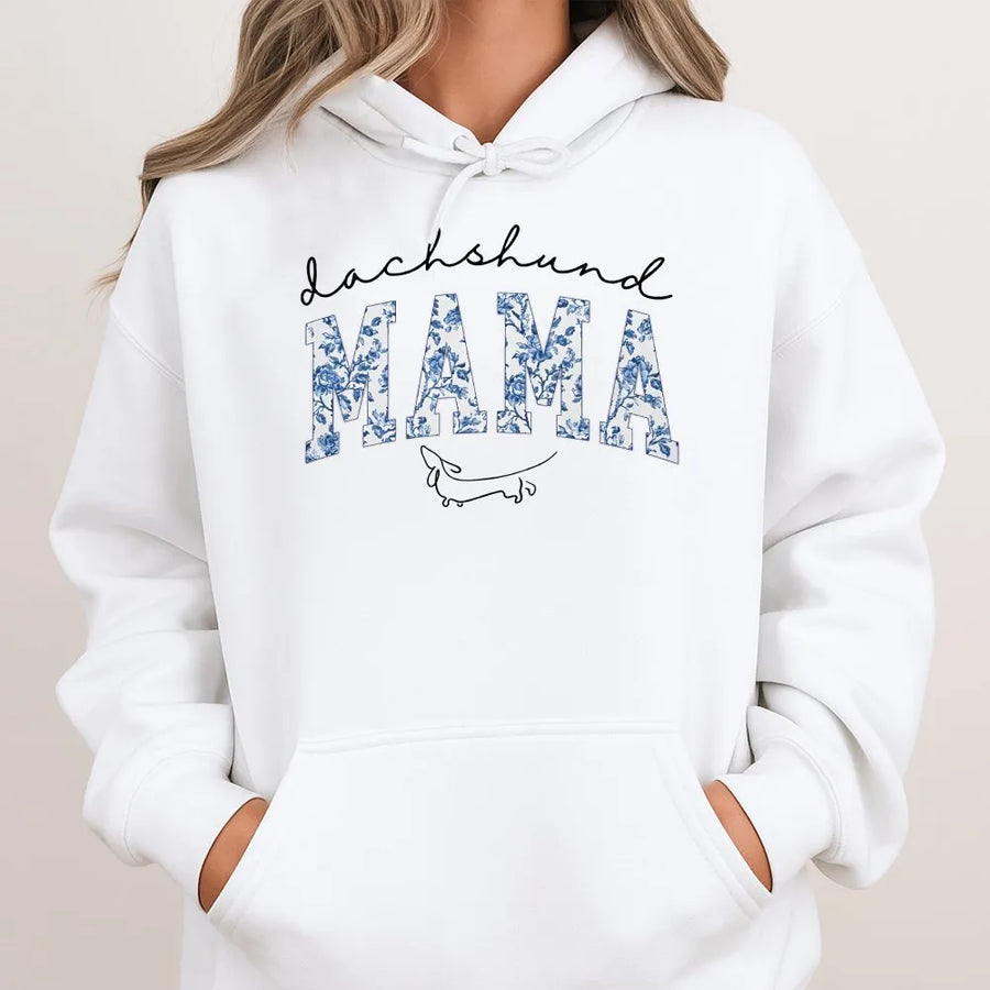 Dachshund Mama Hoodie | Blue Floral Print Weenie Dog | Soft Cotton Blend Sweatshirt | Gift for Doxie Mom and Dog Lovers