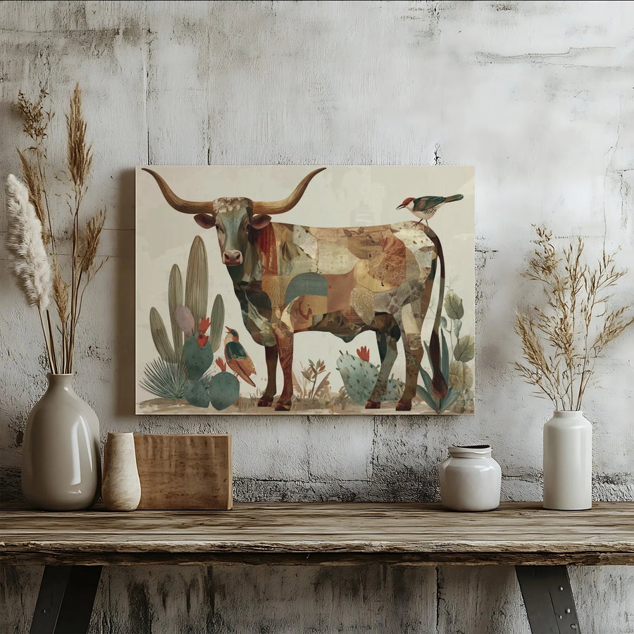 Texas Longhorn Canvas Wall Art | Patchwork Collage Desert Print | Premium Gallery Wrap 1.25" Frame | Southwestern Home Decor Gift