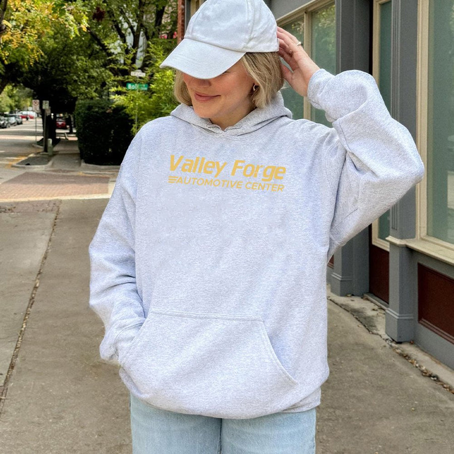 Valley Forge Automotive Center Hoodie | Distressed Retro Graphic Print | Premium Cotton-Blend Fleece | Unisex Gift for Mechanic and Car Enthusiast
