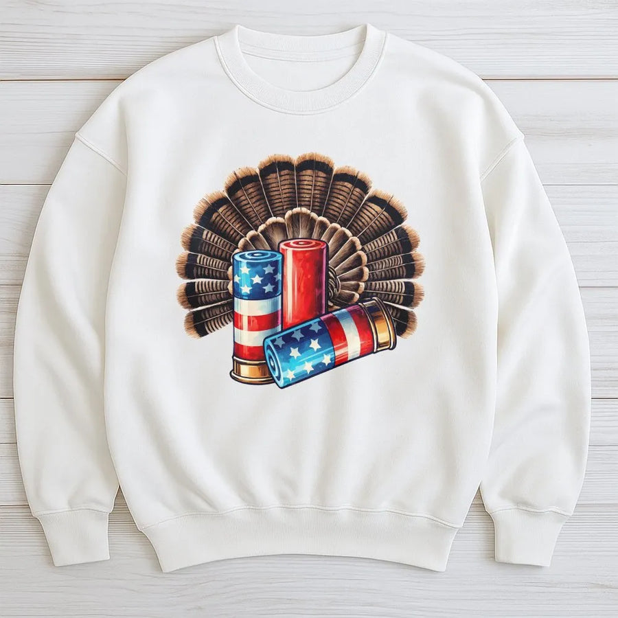 Patriotic Turkey Hunting Sweatshirt | American Flag Shotgun Shells & Feather Fan Graphic | Comfortable Cotton Blend | Gift for Hunter