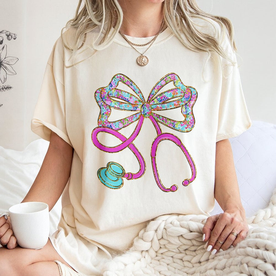 Floral Stethoscope Bow T-Shirt | Preppy Medical Aesthetic Design | 100% Cotton Premium Tee | Cute Nurse Graduation Gift for Her