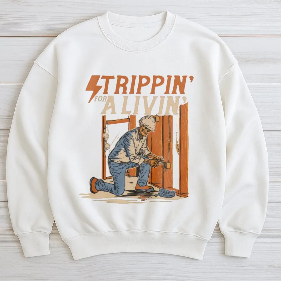 Electrician Sweatshirt | Strippin' For A Livin' Skeleton Graphic | Premium Cotton Blend Pullover | Funny Blue Collar Trade Job Gift For Him