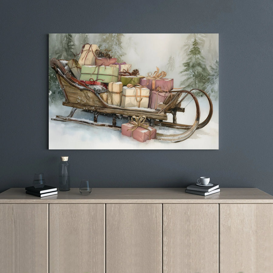 Vintage Christmas Sleigh Canvas Print | Snowy Forest Holiday Presents Illustration | 1.25-Inch Gallery Wrap | Festive Winter Home Decor Gift