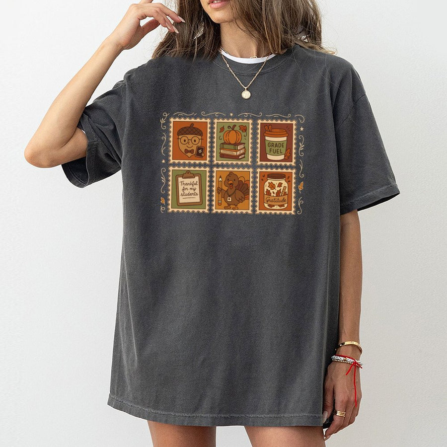 Thankful Teacher T-Shirt | Thanksgiving Stamp Design | 100% Cotton Premium Tee | Cute Fall Classroom Apparel Gift for Educators