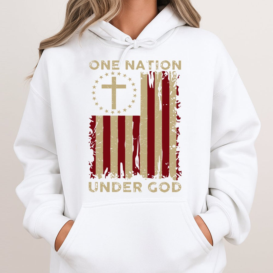 One Nation Under God Hoodie | American Flag Cross Graphic | Premium Cotton Blend | Patriotic Christian Gift for Men and Women