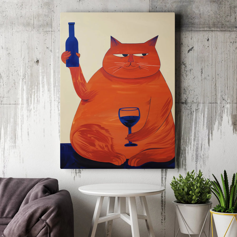 Funny Orange Cat Canvas Wall Art | Whimsical Wine Lover Painting | 1.25" Gallery Wrapped Premium Print | Perfect Gift for Cat Moms & Wine Enthusiasts