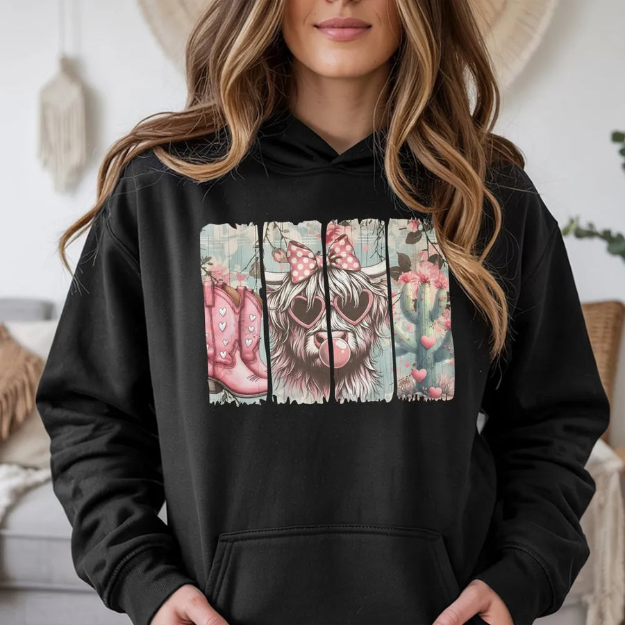 Highland Cow Valentine Hoodie | Retro Cowgirl Western Graphic | Premium Cotton Blend | Gift for Her & Cowgirl Lovers