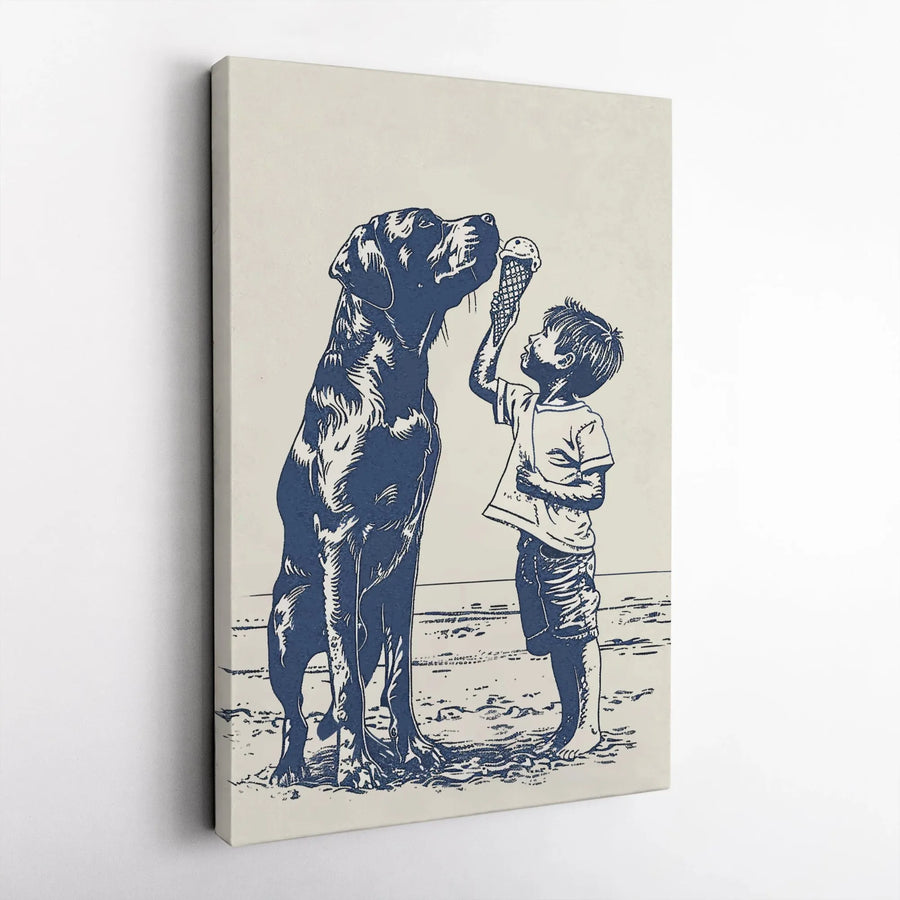Boy Sharing Ice Cream With Labrador Canvas Print | Vintage Dog Illustration Wall Art | 1.25-Inch Premium Gallery Wrap | Nostalgic Home Decor Gift