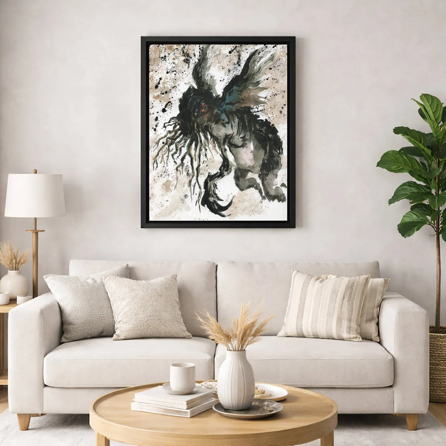 Winged Monster Canvas Print | Abstract Eldritch Creature Ink Splatter Wall Art | 1.25” Premium Gallery Wrap | Dark Fantasy Horror Decor