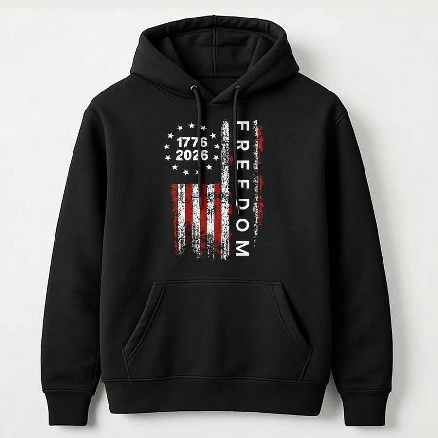 1776 to 2026 Hoodie | Distressed American Freedom Flag Graphic | Soft 100% Cotton | Patriotic USA Collector's Gift