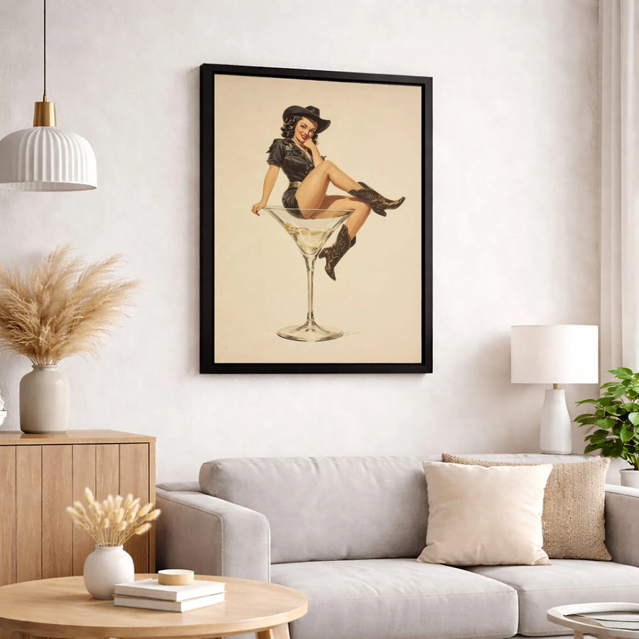 Cowgirl Pin-Up Martini Glass Wall Art | Vintage Western Retro Illustration | Premium 1.25" Gallery Canvas | Unique Bar & Home Decor Gift