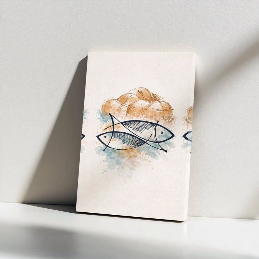 Loaves and Fishes Canvas Print | Modern Christian Watercolor Art | Premium Gallery Wall Decor | Faith Based Religious Gift for Home