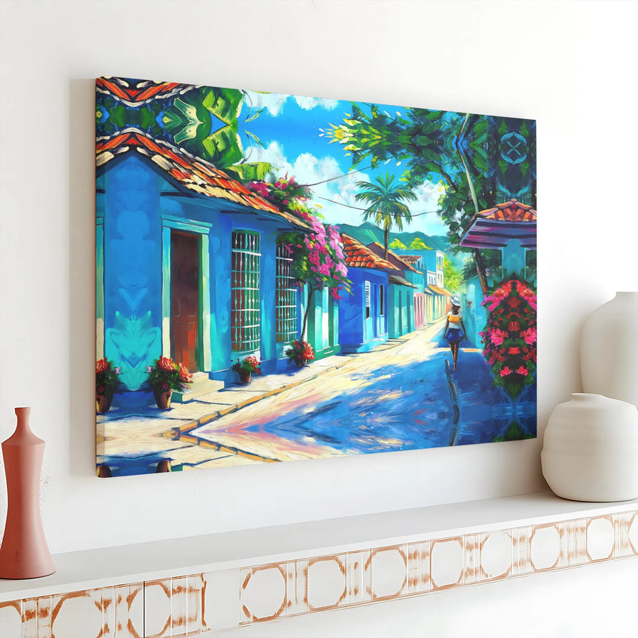 Caribbean Street Canvas Wall Art | Vibrant Tropical Town Oil Painting Style | 1.25-Inch Gallery Wrap | Coastal Decor Gift for Home or Office