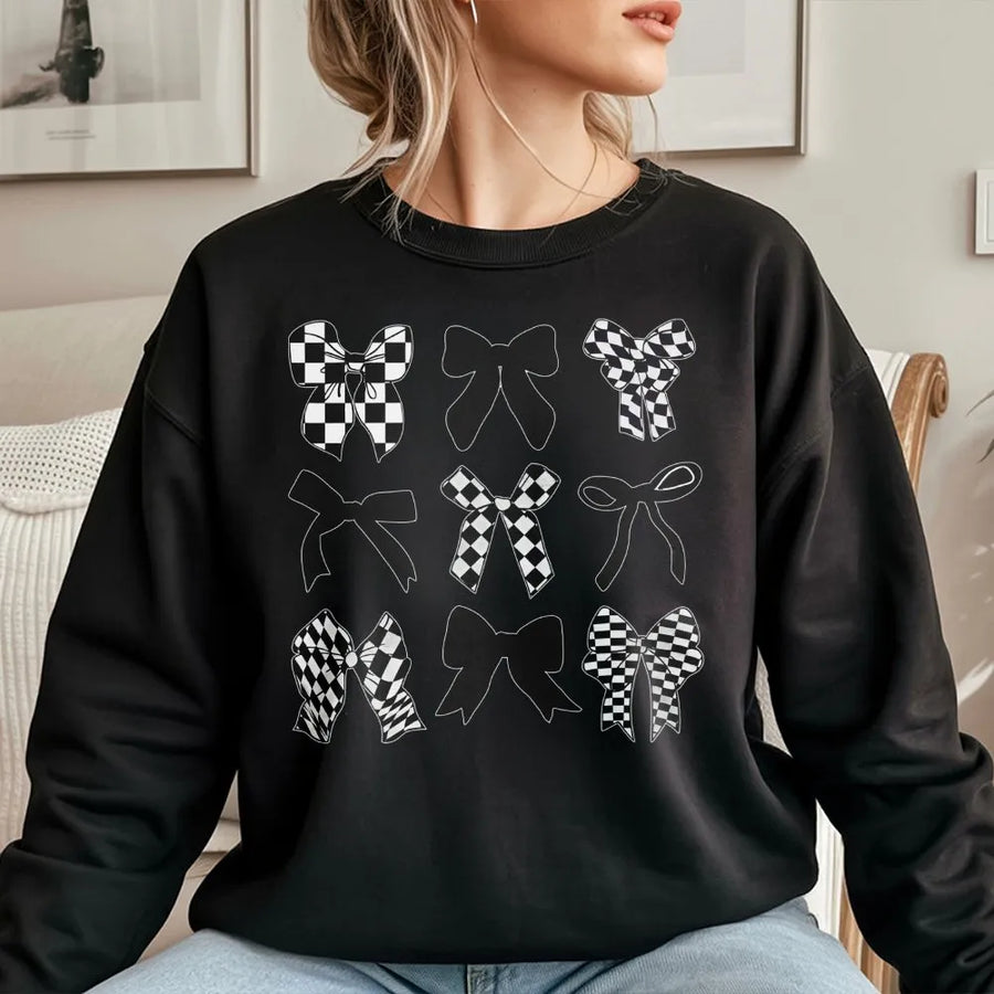 Coquette Bow Sweatshirt | Aesthetic Black and White Checkerboard Bows | Soft Cotton Blend | Trendy Preppy Gift for Her