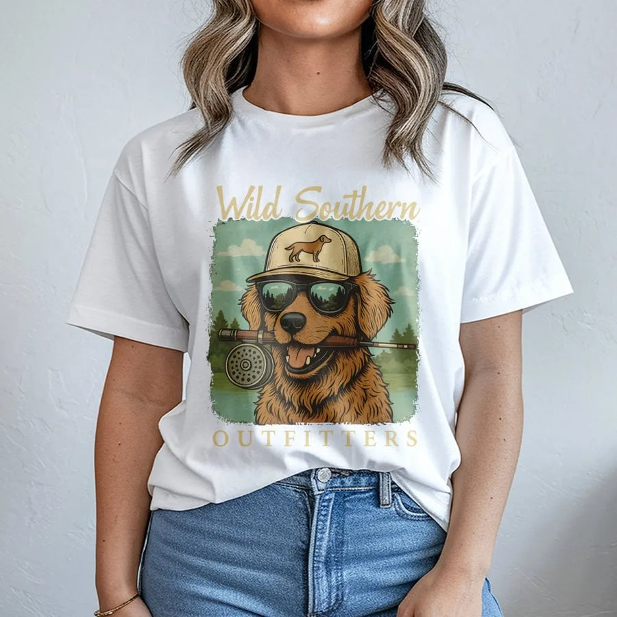 Fishing Golden Retriever T-Shirt | Retro Outdoor Wildlife Graphic | Premium Cotton Unisex Tee | Gift for Fisherman & Dog Lovers