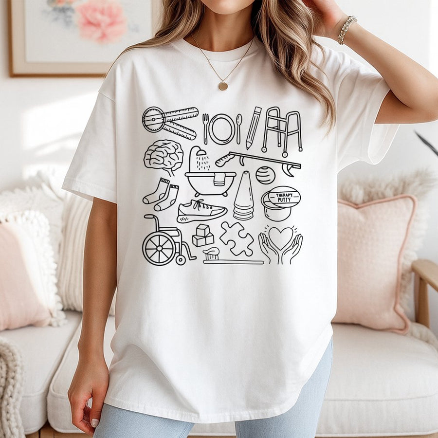 Occupational Therapy T-Shirt | OT Doodle Icons Design | 100% Premium Cotton | Cute Gift for OT Students and Occupational Therapists