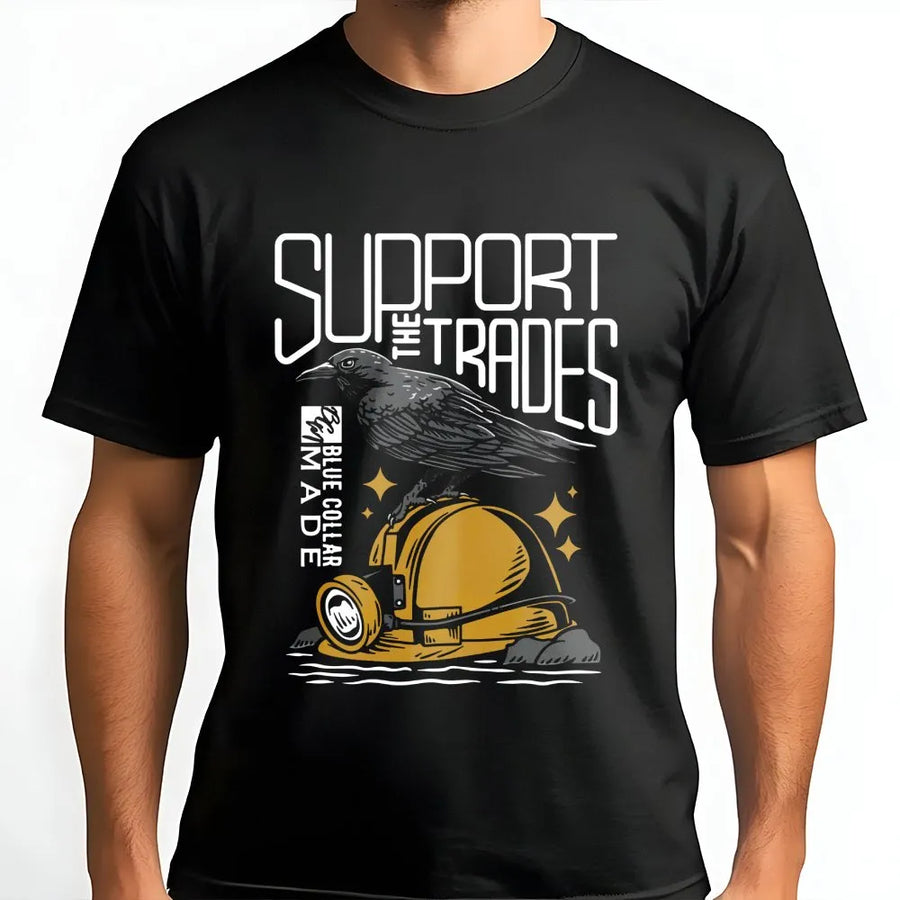 Support The Trades T-Shirt | Blue Collar Construction Hard Hat Graphic | Premium Cotton Quality | Gift For Electrician Builder Welder