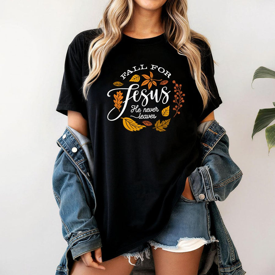 Fall For Jesus T-Shirt | Christian Faith Autumn Graphic Tee | Premium 100% Cotton Shirt | Religious Thanksgiving Gift for Women & Men
