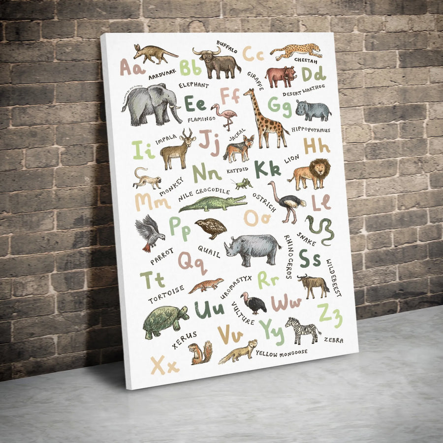 Animal Alphabet Wall Art | Safari Wildlife Watercolor Print | Premium Gallery Wrapped Canvas | Educational Nursery Decor Gift for Kids
