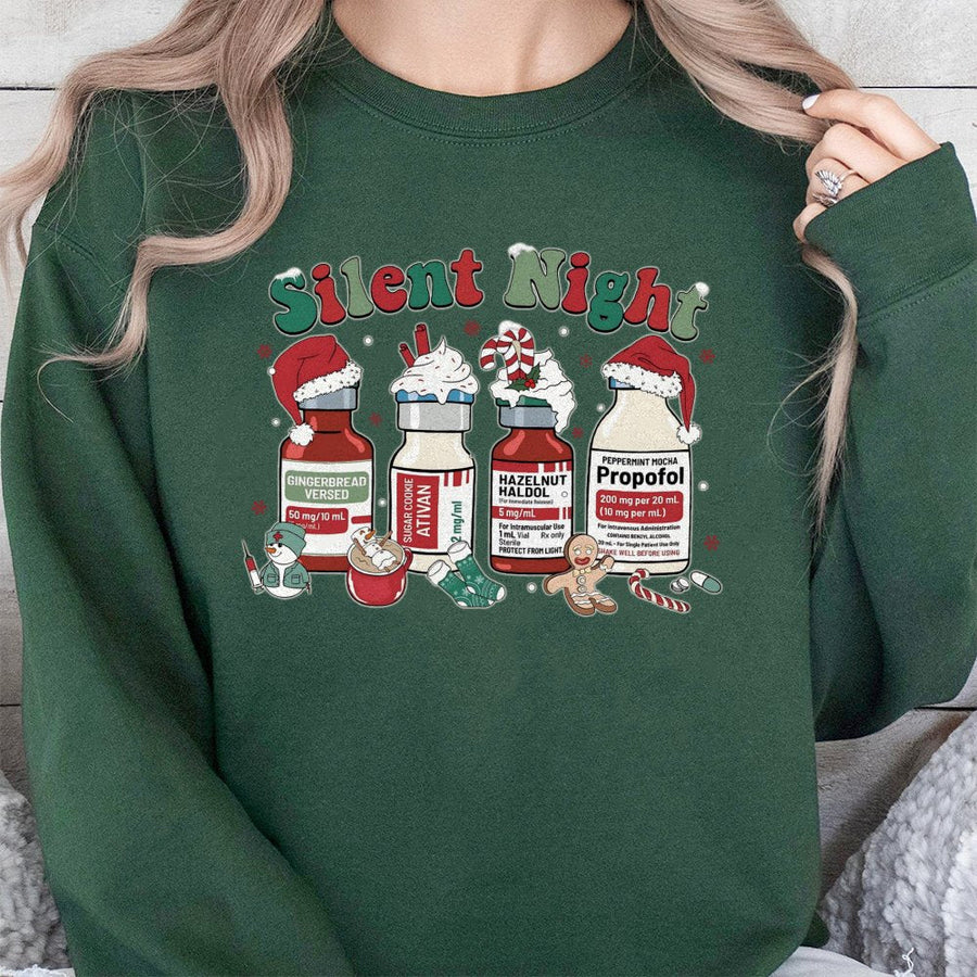 Silent Night Christmas Sweatshirt | Funny Medical Vials Graphic | Premium Cotton Blend | Gift for ICU Nurse, Doctor, Nursing Student