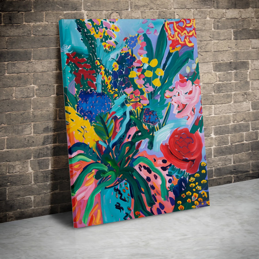 Abstract Floral Vertical Canvas | Vibrant Wildflower Bouquet Art | Premium Gallery Wrapped Print | Modern Home Decor Gift