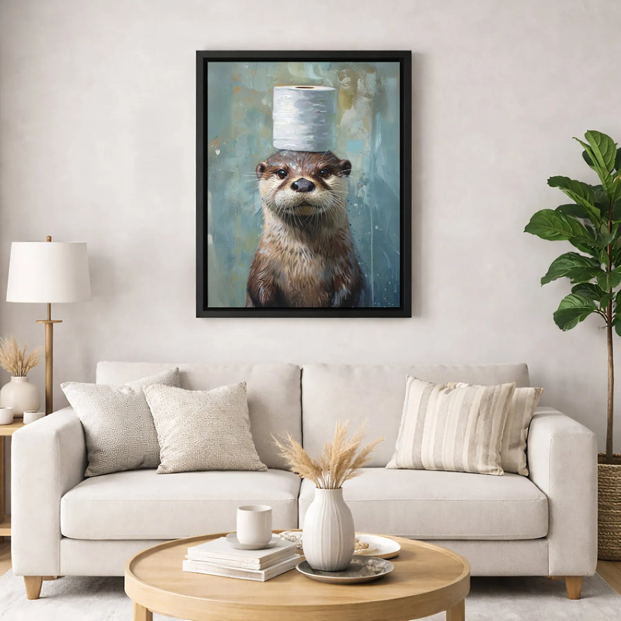 Otter With Toilet Paper Roll Canvas Wall Art | Whimsical Animal Oil Painting Style | Premium 1.25-inch Thick Gallery Wrap | Funny Bathroom Decor Gift