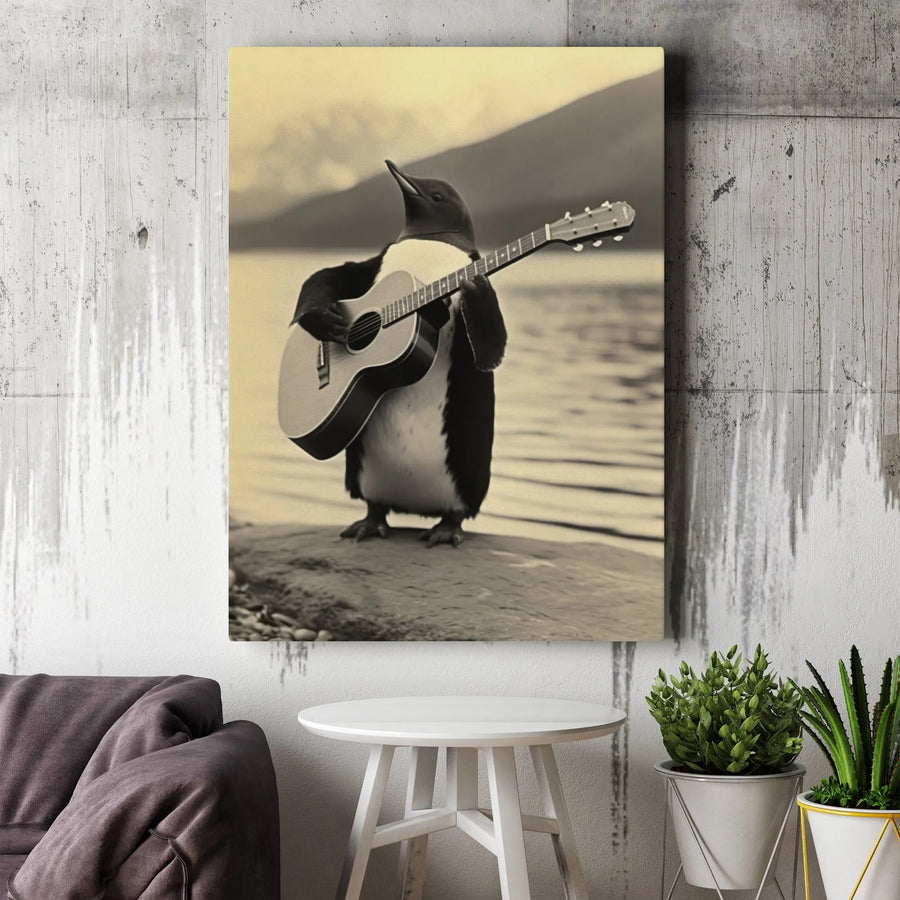 Penguin Playing Acoustic Guitar Canvas Wall Art | Whimsical Animal Musician Portrait | Premium Gallery Wrapped Decor | Unique Gift For Music Lovers