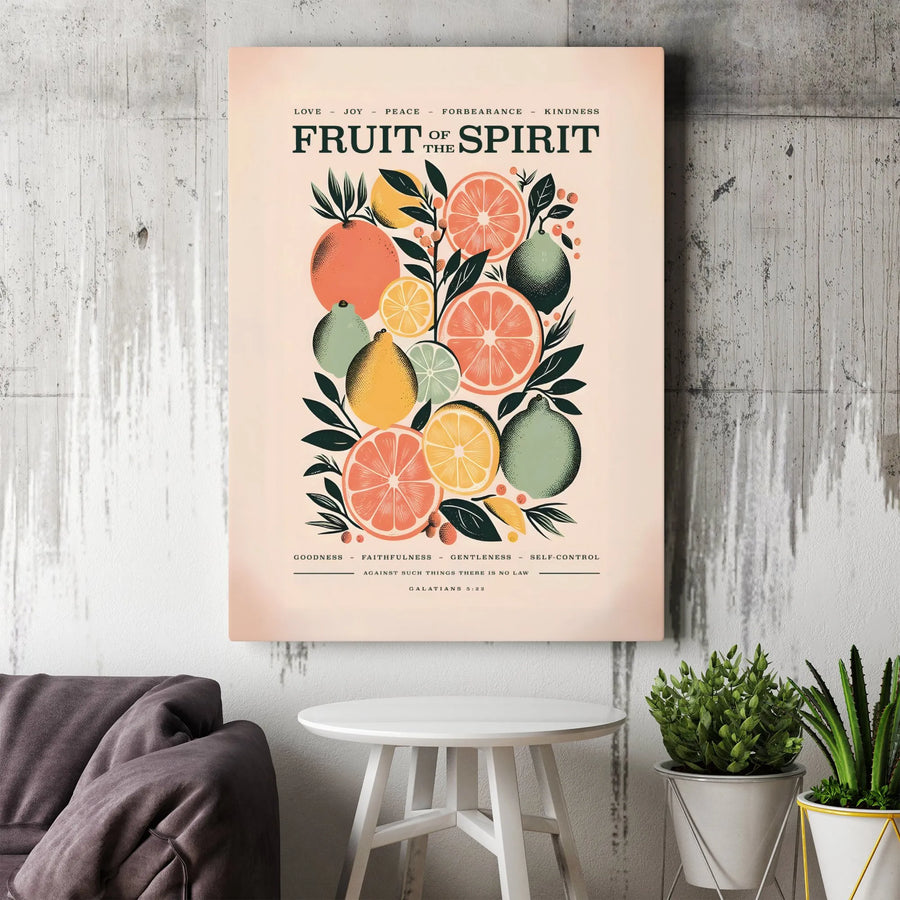 Fruit Of The Spirit Canvas | Galatians 5:22 Bible Verse Wall Art | Premium Gallery Wrapped Citrus Print | Inspirational Christian Gift for Home Decor