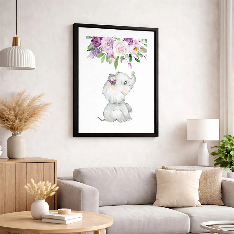 Baby Elephant Canvas Wall Art | Watercolor Purple Floral Crown Design | Premium Gallery-Wrapped Print | Nursery Decor Gift for Girls Room