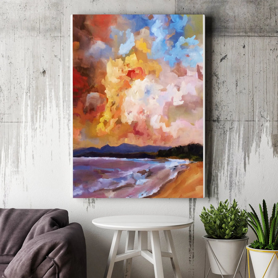 Abstract Ocean Sunrise Vertical Canvas | Vibrant Impressionist Seascape Painting | 1.25-Inch Thick Gallery Wrap | Modern Living Room Wall Art Gift