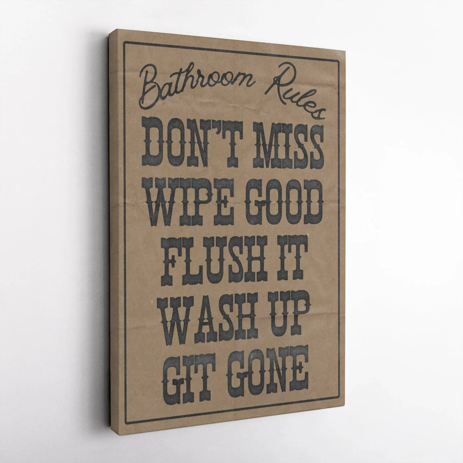 Bathroom Rules Wall Art | Rustic Farmhouse Sign | 1.25 Inch Gallery Wrapped Canvas | Funny Home Decor Gift For Restroom