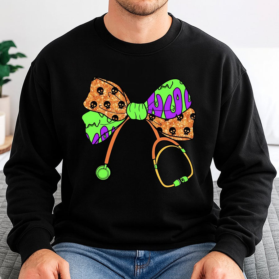 Spooky Nurse Sweatshirt | Halloween Stethoscope Coquette Bow Graphic | Premium Cotton Blend | Funny Nursing Student Gift for Halloween Season