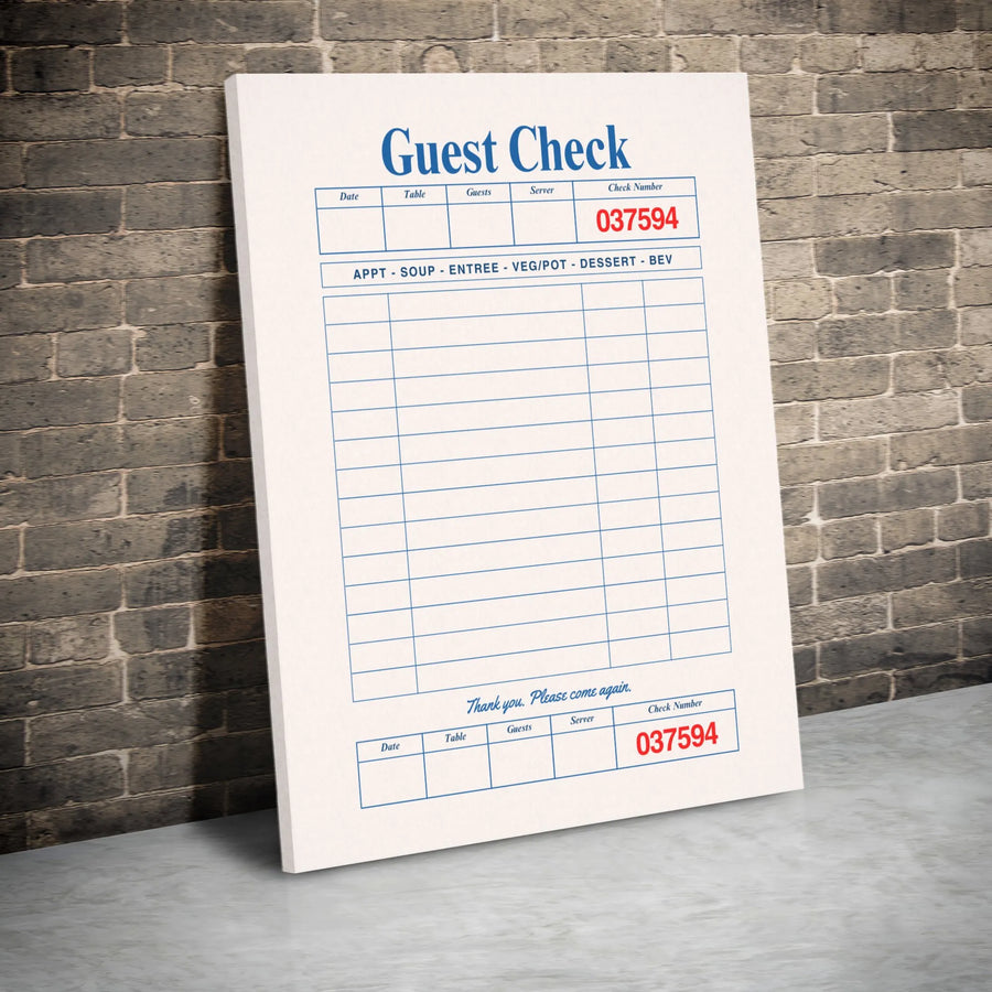 Guest Check Canvas Wall Art | Vintage Diner Receipt Print | Premium 1.25-inch Thick Gallery Wrap | Unique Retro Kitchen Decor for Foodies