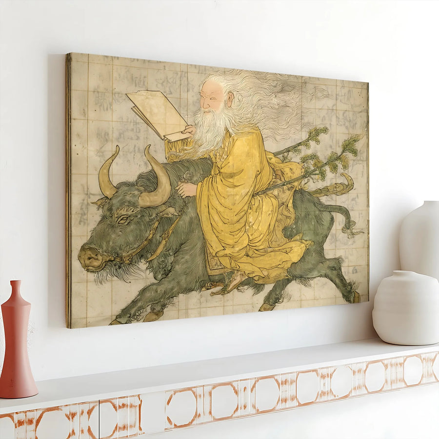 Laozi Riding Water Buffalo Canvas Print | Traditional Taoist Wall Art | Gallery Wrapped Premium Canvas | Zen Home Office Decor Gift