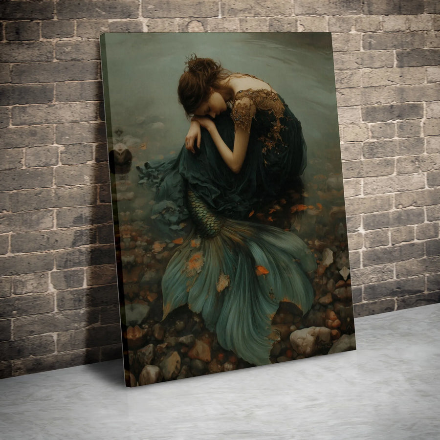 Melancholy Mermaid Wall Art | Fantasy Portrait Canvas Print | Gallery Wrap 1.25" Wooden Frame | Atmospheric Home Decor Gift
