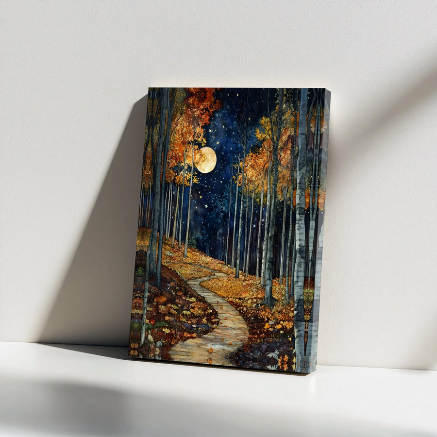 Autumn Forest Path Canvas Wall Art | Enchanted Full Moon Night Landscape | Premium Gallery Wrap Print | Whimsical Nature Decor Gift