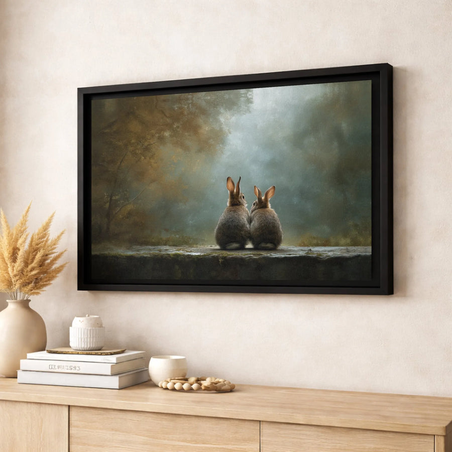 Two Rabbits Canvas Print | Misty Forest Wildlife Wall Art | Gallery Quality Premium Oil Painting Style | Nature Lover Gift Home Decor