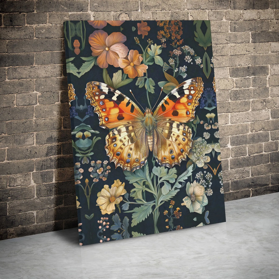 Butterfly Wall Art Canvas | Vintage Painted Lady Dark Floral Print | Gallery Wrapped Premium Decor | Nature Lover Living Room Gift