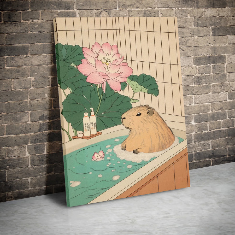 Capybara Wall Art | Japanese Ukiyo-e Style Bathing Capybara Print | Premium 1.25-inch Canvas | Unique Home Decor Gift for Capybara Lovers