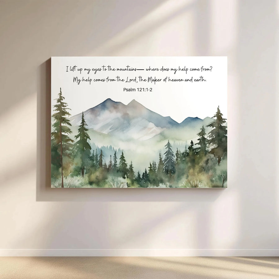 Psalm 121 Mountain Canvas Wall Art | Watercolor Bible Verse Landscape | Premium Christian Home Decor | Inspirational Faith Gift for Believers