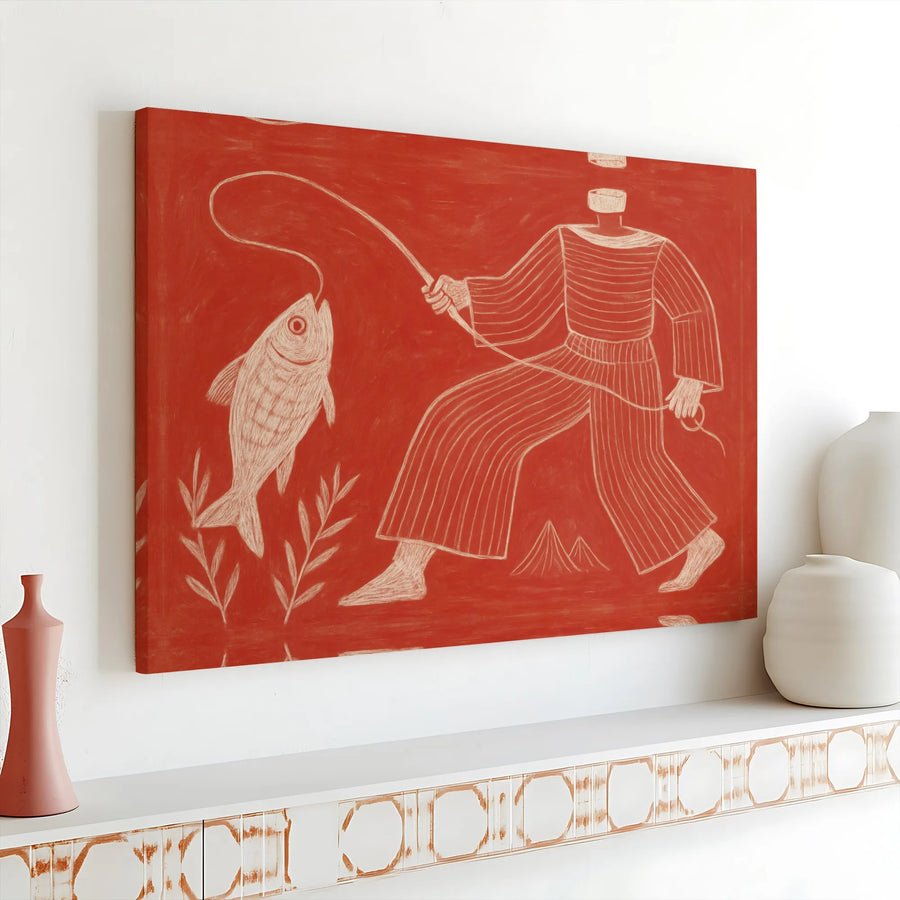 Fisherman Line Art Canvas | Terracotta Abstract Fishing Illustration | Premium Gallery Wrapped Print | Modern Home Decor Gift for Angler