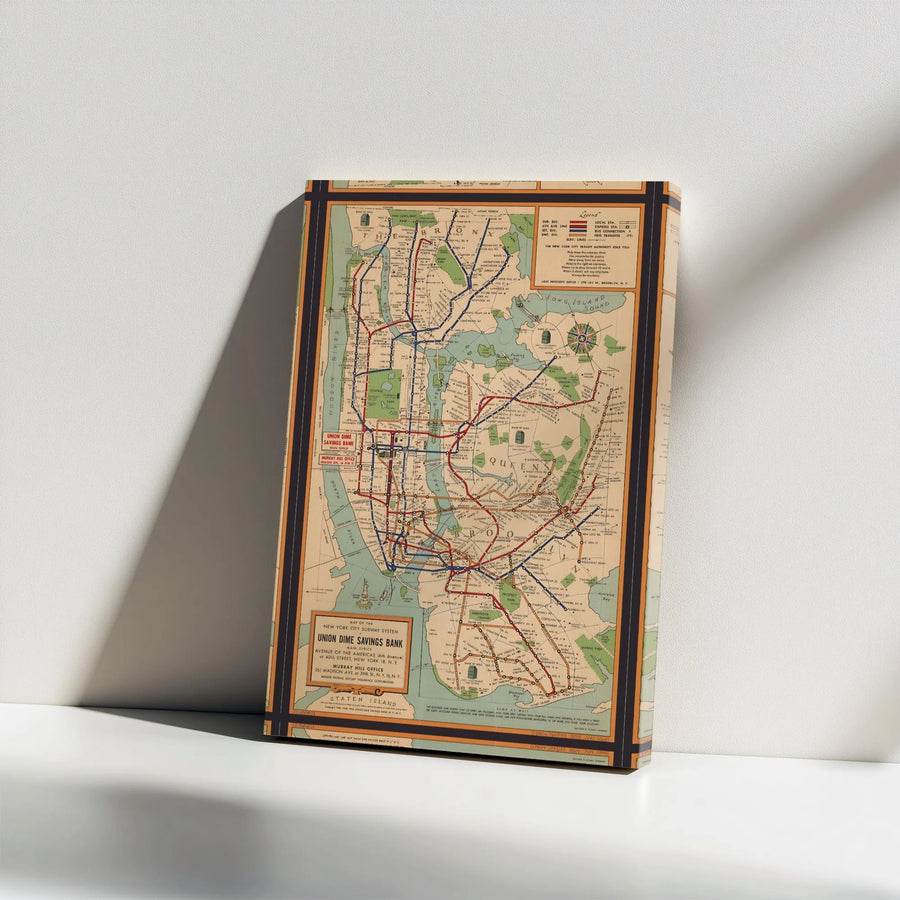 Vintage NYC Subway Map Wall Art | 1954 New York Transit Print | Premium Gallery Wrap Canvas | Retro Home & Office Decor Gift