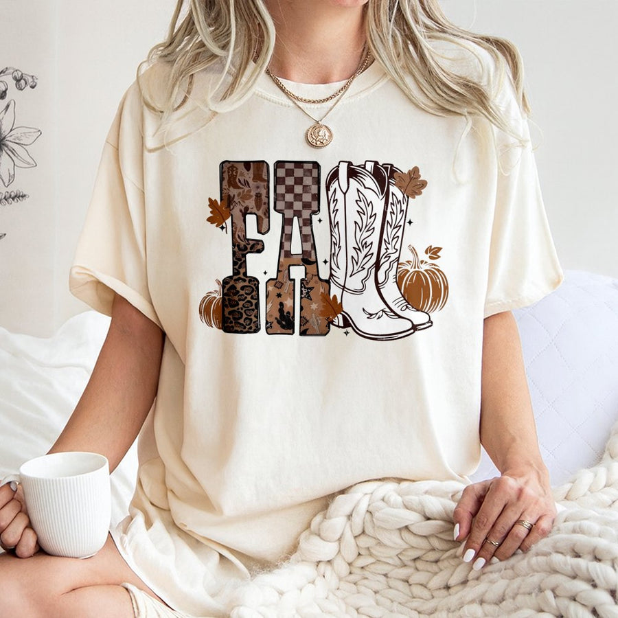 Western Fall T-Shirt | Cowgirl Boots and Pumpkin Design | Premium 100% Cotton | Boho Autumn Aesthetic Gift for Women