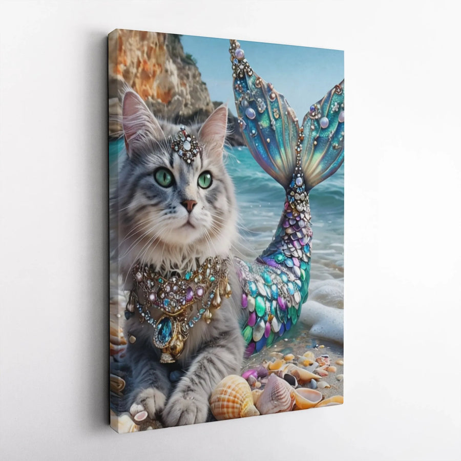Mermaid Cat Canvas Wall Art | Whimsical Purrmaid Beach Scene Print | Premium Gallery Wrapped Canvas | Unique Gift for Cat Lovers & Fantasy Art Collectors