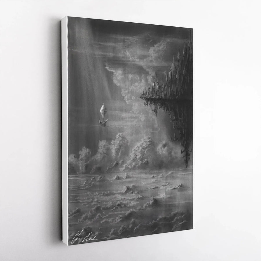 Fantasy Journey Canvas Art | Surreal Ship on a Cloud Sea Print | Premium Black & White Sketch Wall Decor | Gift for Fantasy Book Lover
