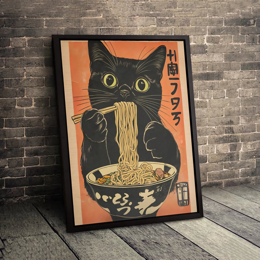 Black Cat Ramen Wall Art | Japanese Ukiyo-e Style Illustration | Premium Gallery Canvas | Cute Kitchen & Dining Room Decor Gift