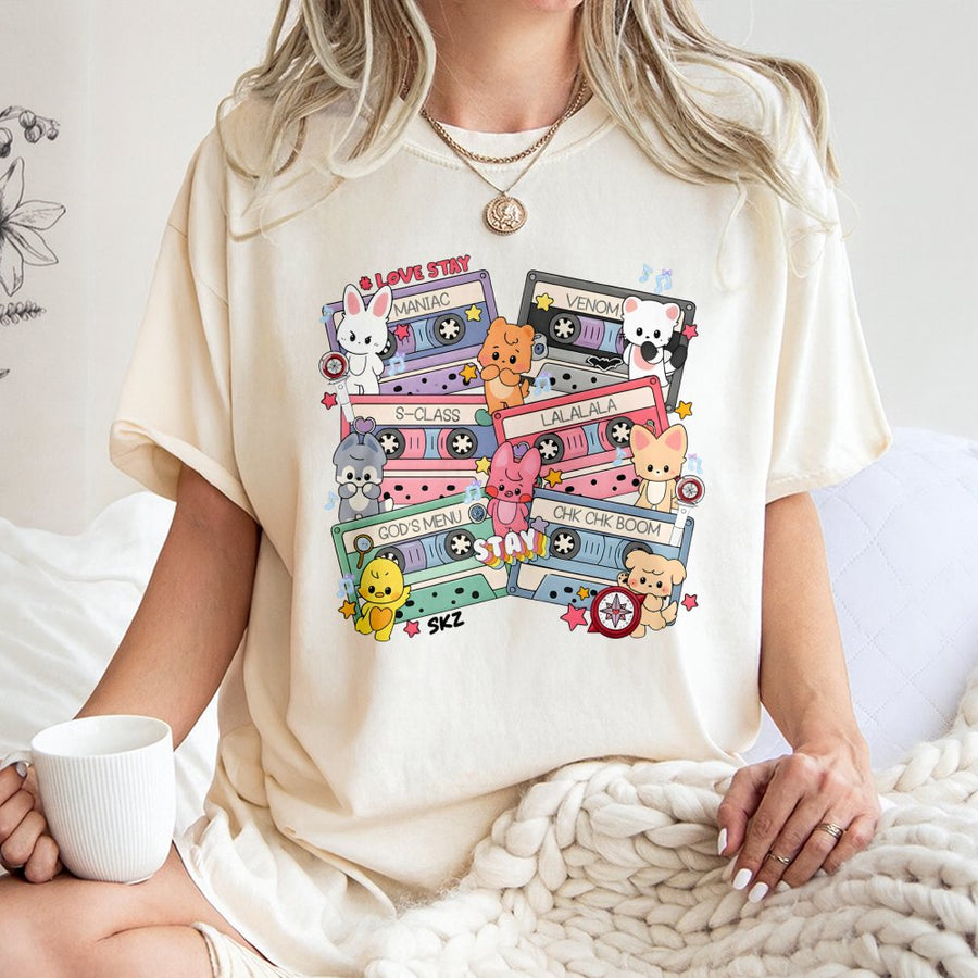 Kpop Cassette Tape T-Shirt | Cute Cartoon Animal Graphic Design | Premium 100% Cotton Tee | Gift for Kpop Fans and Concert Outfits