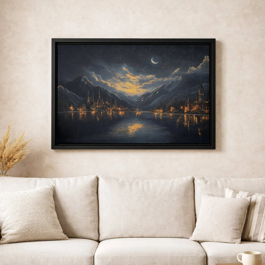 Fantasy Castle Canvas Wall Art | Moonlight Mountain Lake Landscape | Gallery Wrap Premium Print | Magical Home Decor Gift for Fantasy Lovers